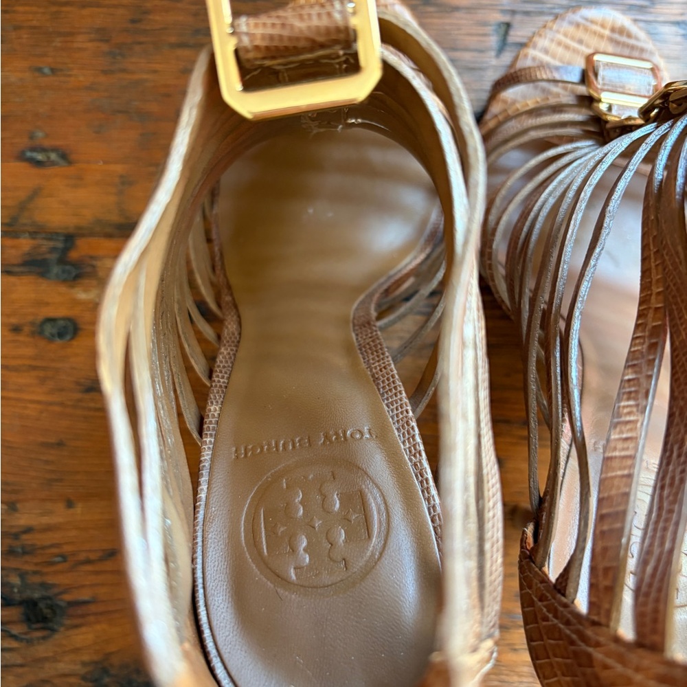 Tory Burch Tan Heels with Gold Buckles - Picture 4 of 6